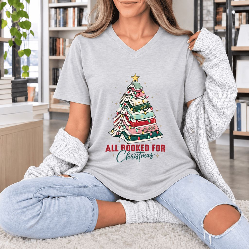 All Booked For Christmas Ultra-Soft V-Neck | Christmas Book Lover Gift Ash