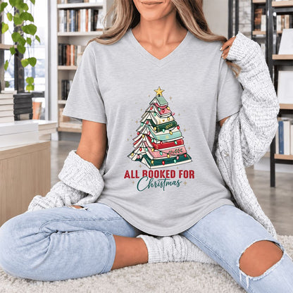 All Booked For Christmas Ultra-Soft V-Neck | Christmas Book Lover Gift Ash