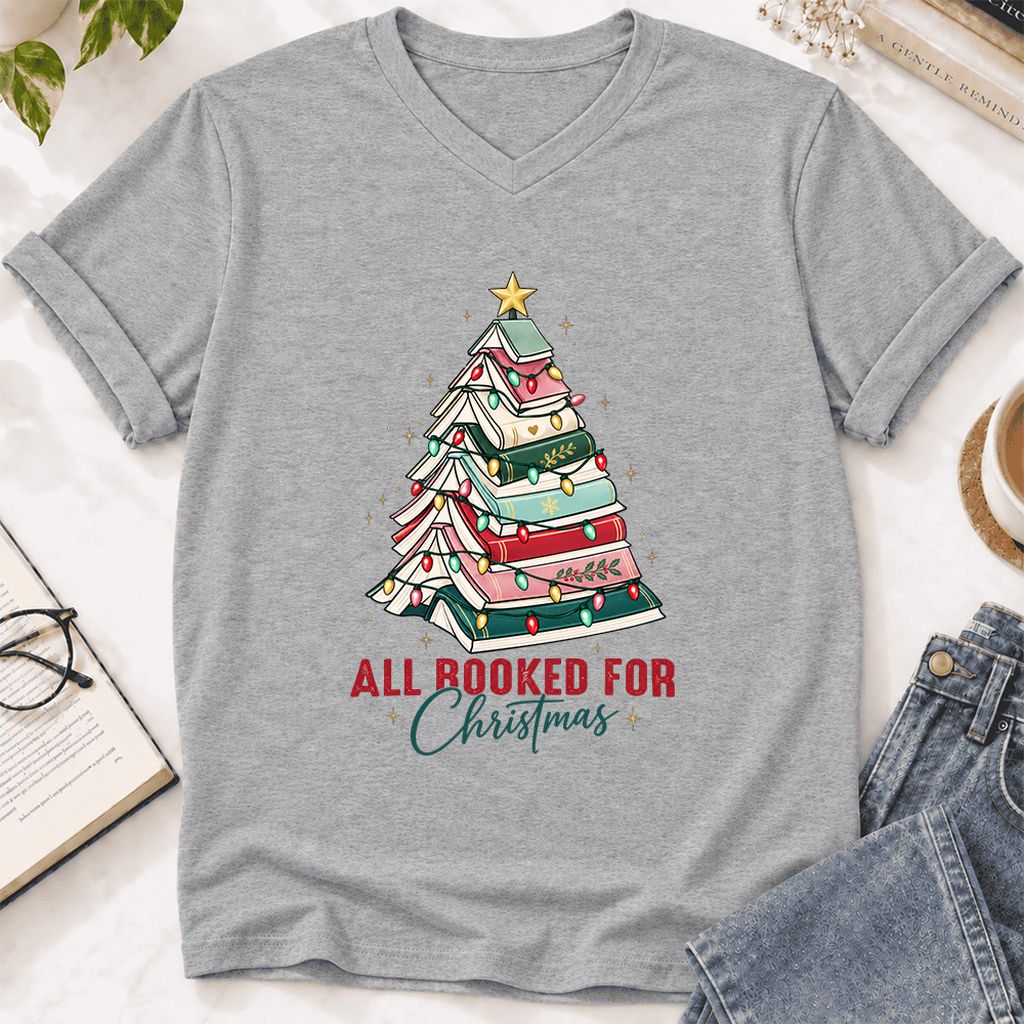 All Booked For Christmas Ultra-Soft V-Neck | Christmas Book Lover Gift Athletic Heather