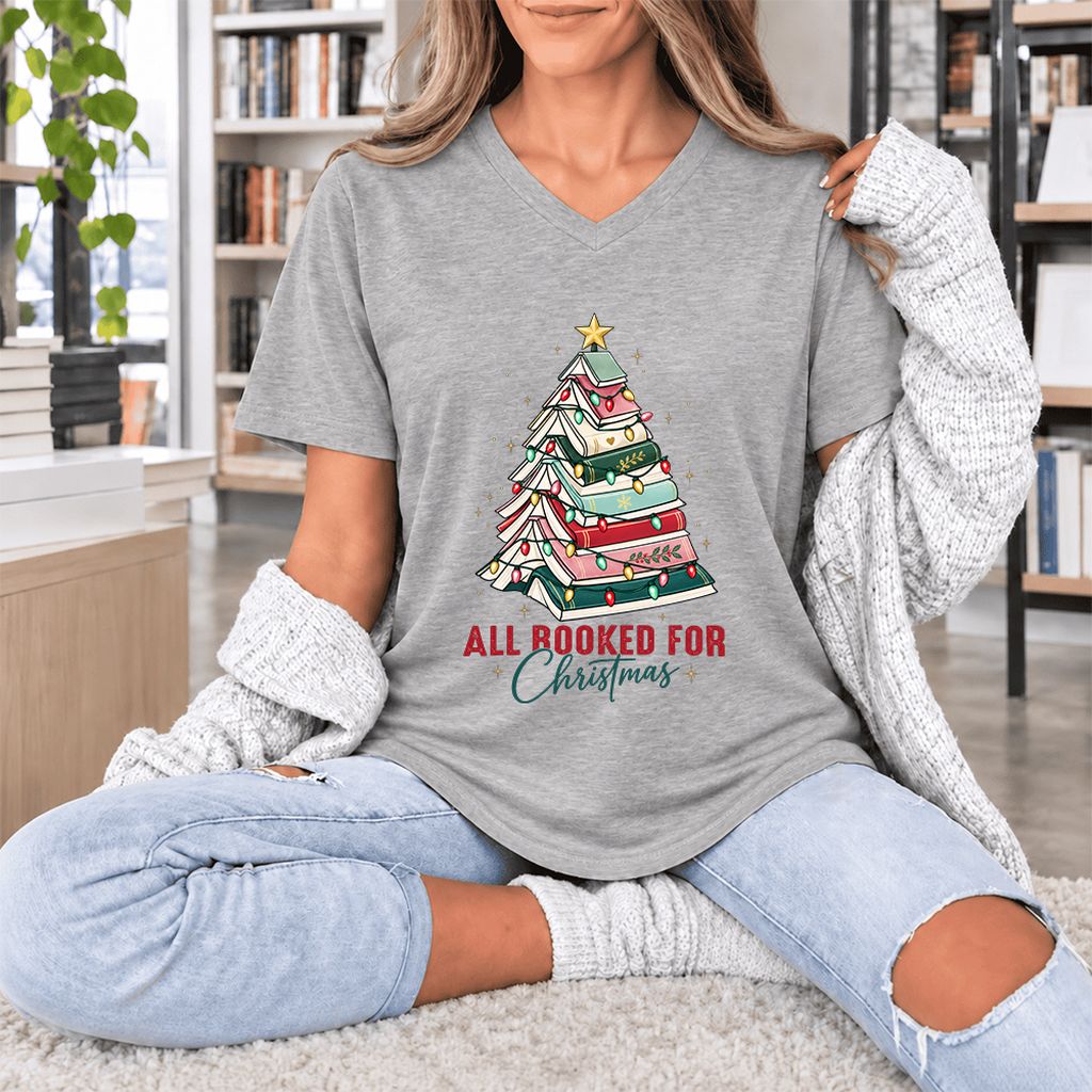 All Booked For Christmas Ultra-Soft V-Neck | Christmas Book Lover Gift Athletic Heather