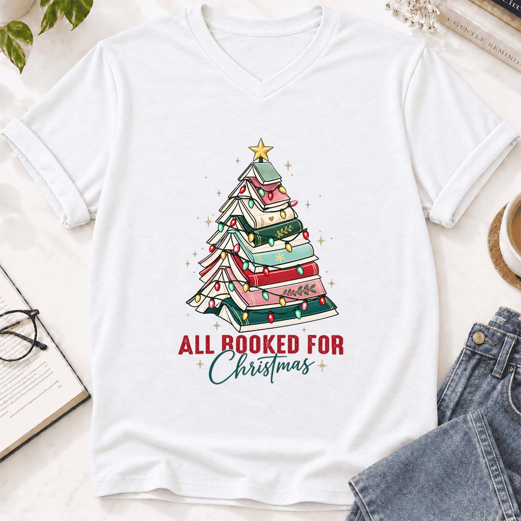 All Booked For Christmas Ultra-Soft V-Neck | Christmas Book Lover Gift White