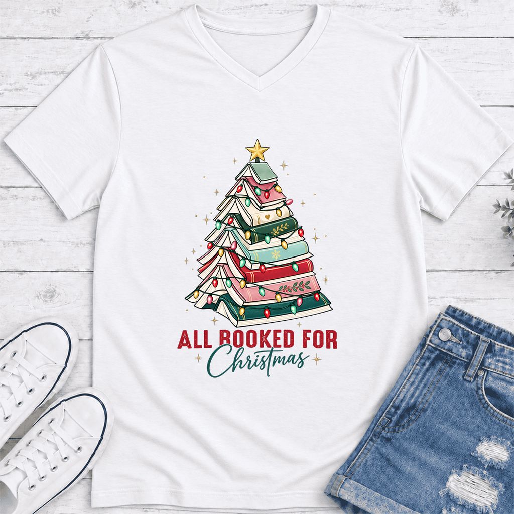 All Booked For Christmas Ultra-Soft V-Neck | Christmas Book Lover Gift White