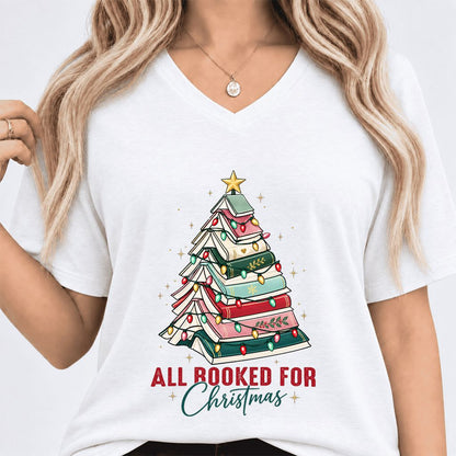 All Booked For Christmas Ultra-Soft V-Neck | Christmas Book Lover Gift White