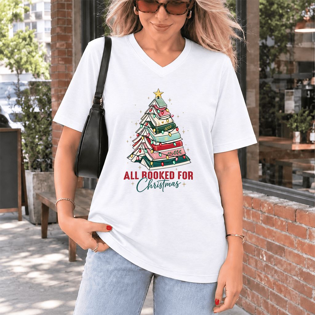 All Booked For Christmas Ultra-Soft V-Neck | Christmas Book Lover Gift White