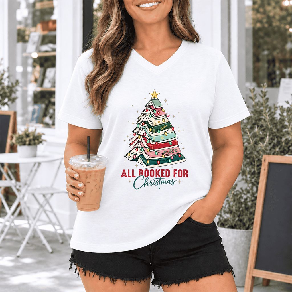 All Booked For Christmas Ultra-Soft V-Neck | Christmas Book Lover Gift White