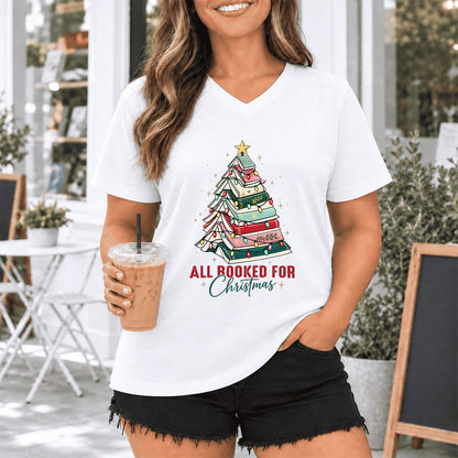 All Booked For Christmas Ultra-Soft V-Neck | Christmas Book Lover Gift White
