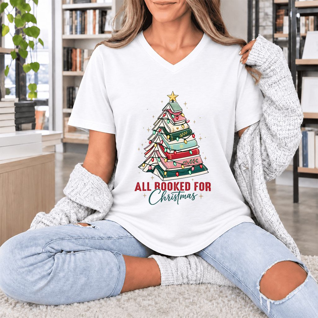 All Booked For Christmas Ultra-Soft V-Neck | Christmas Book Lover Gift White