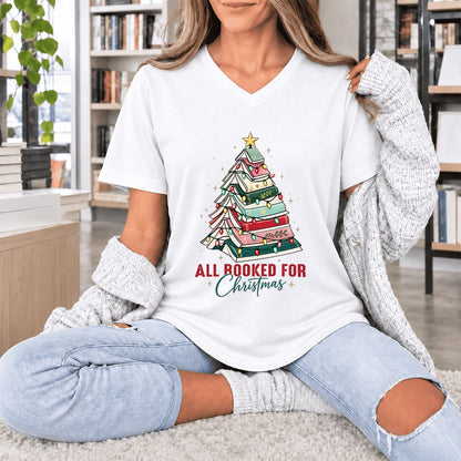 All Booked For Christmas Ultra-Soft V-Neck | Christmas Book Lover Gift White