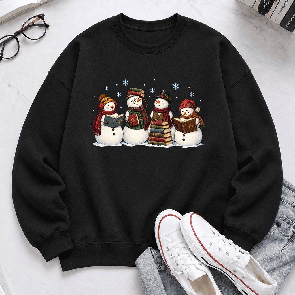 Four Snowmen Reading Printed Sweatshirt | Christmas Book Lover Gift Black