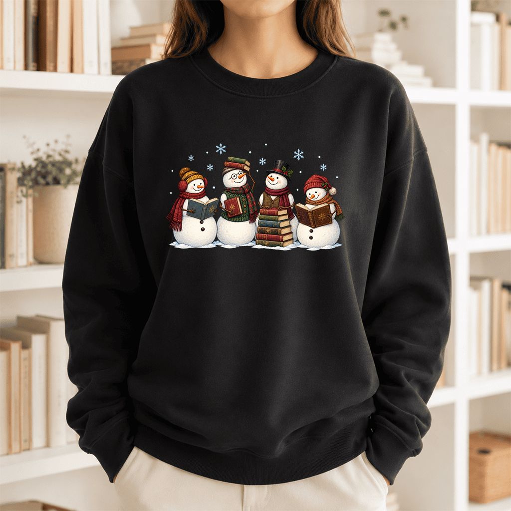 Four Snowmen Reading Printed Sweatshirt | Christmas Book Lover Gift Black