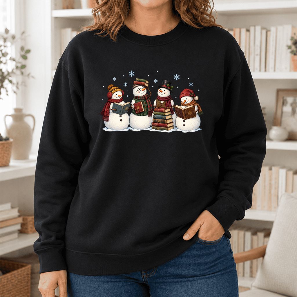 Four Snowmen Reading Printed Sweatshirt | Christmas Book Lover Gift Black