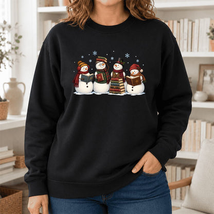 Four Snowmen Reading Printed Sweatshirt | Christmas Book Lover Gift Black