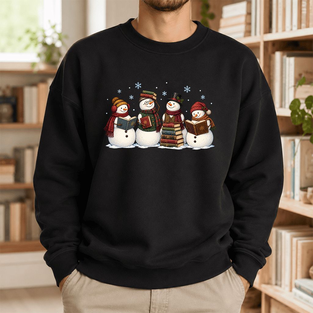Four Snowmen Reading Printed Sweatshirt | Christmas Book Lover Gift Black