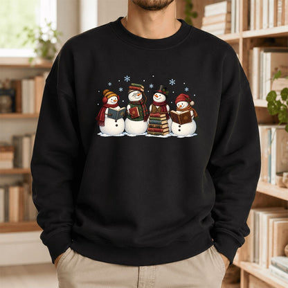 Four Snowmen Reading Printed Sweatshirt | Christmas Book Lover Gift Black