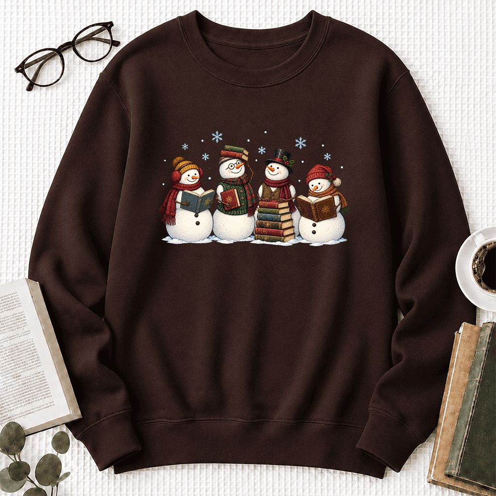 Four Snowmen Reading Printed Sweatshirt | Christmas Book Lover Gift Dark Chocolate