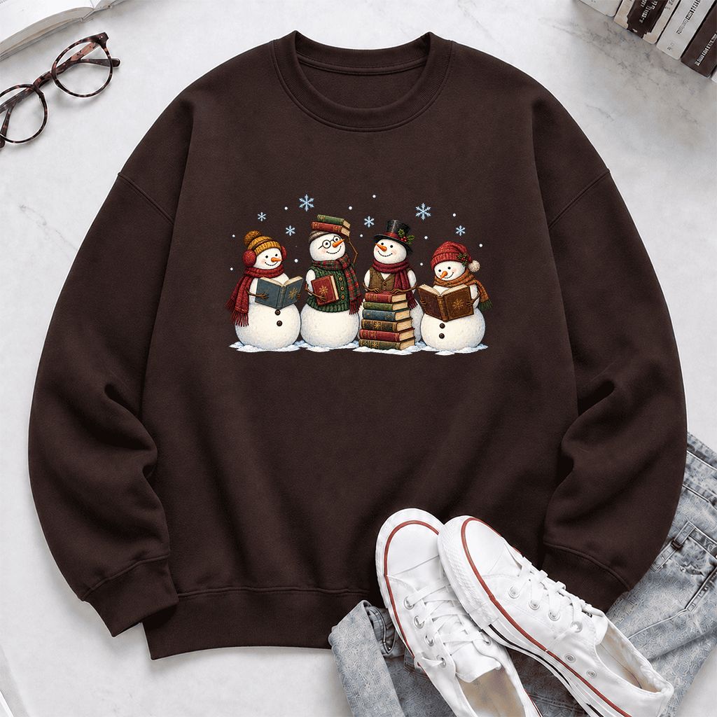 Four Snowmen Reading Printed Sweatshirt | Christmas Book Lover Gift Dark Chocolate