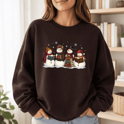 Four Snowmen Reading Printed Sweatshirt | Christmas Book Lover Gift Dark Chocolate