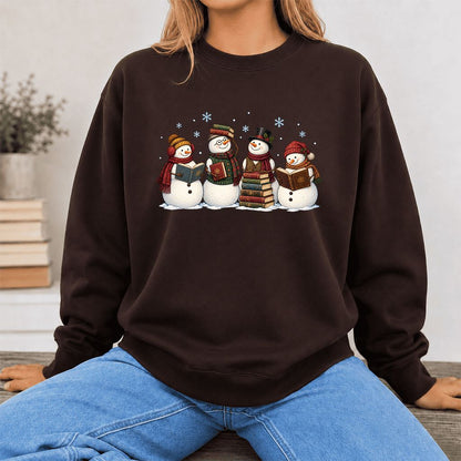 Four Snowmen Reading Printed Sweatshirt | Christmas Book Lover Gift Dark Chocolate