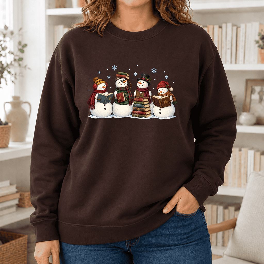 Four Snowmen Reading Printed Sweatshirt | Christmas Book Lover Gift Dark Chocolate