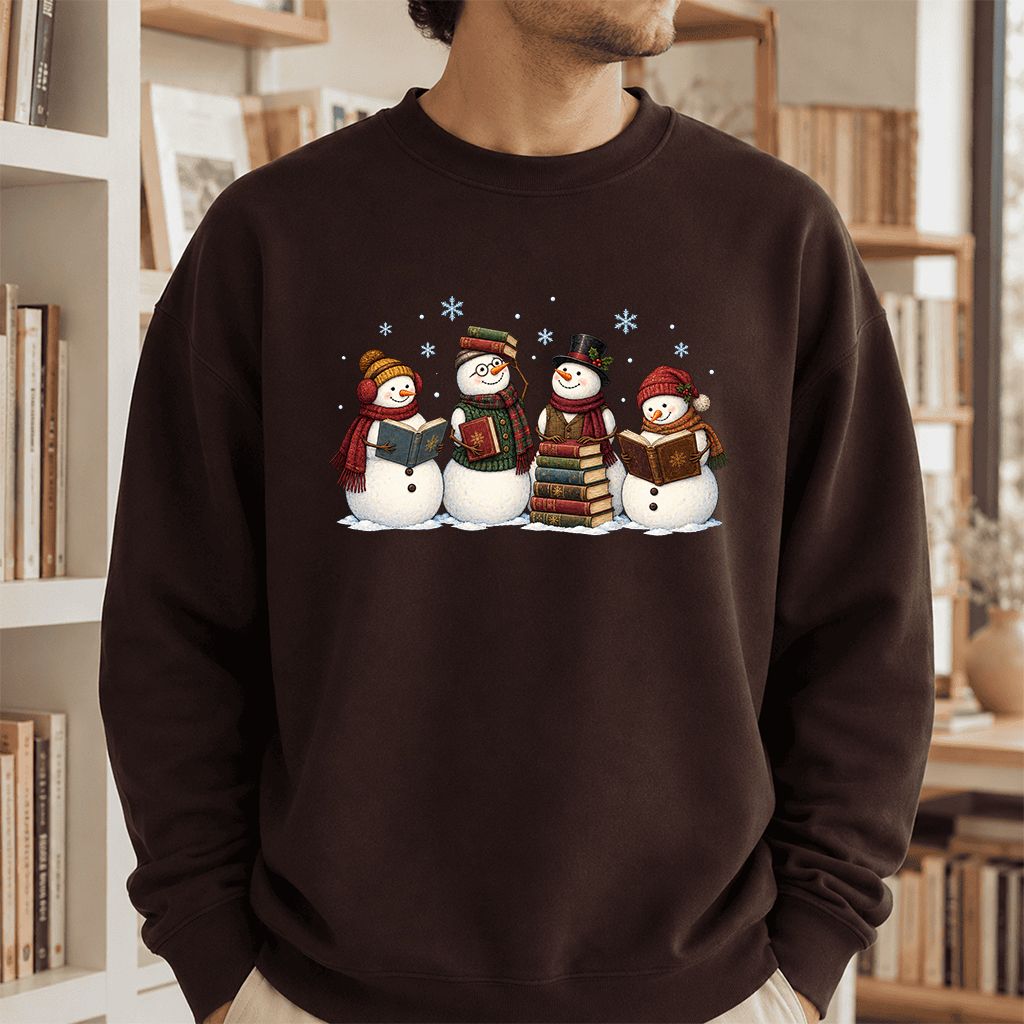 Four Snowmen Reading Printed Sweatshirt | Christmas Book Lover Gift Dark Chocolate