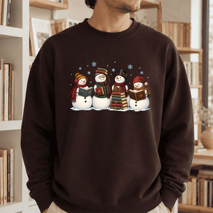 Four Snowmen Reading Printed Sweatshirt | Christmas Book Lover Gift Dark Chocolate