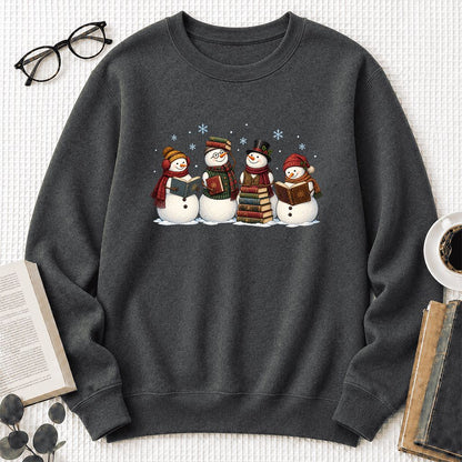Four Snowmen Reading Printed Sweatshirt | Christmas Book Lover Gift Dark Heather