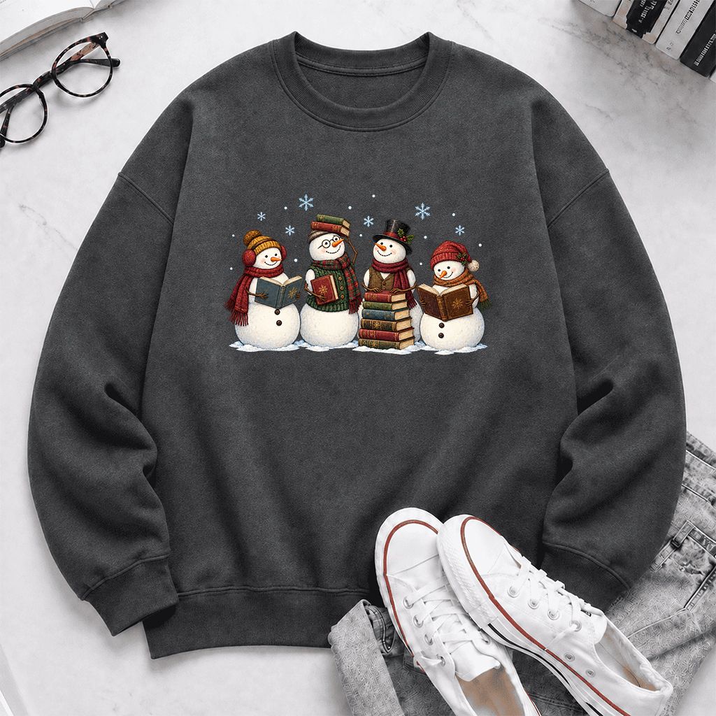Four Snowmen Reading Printed Sweatshirt | Christmas Book Lover Gift Dark Heather