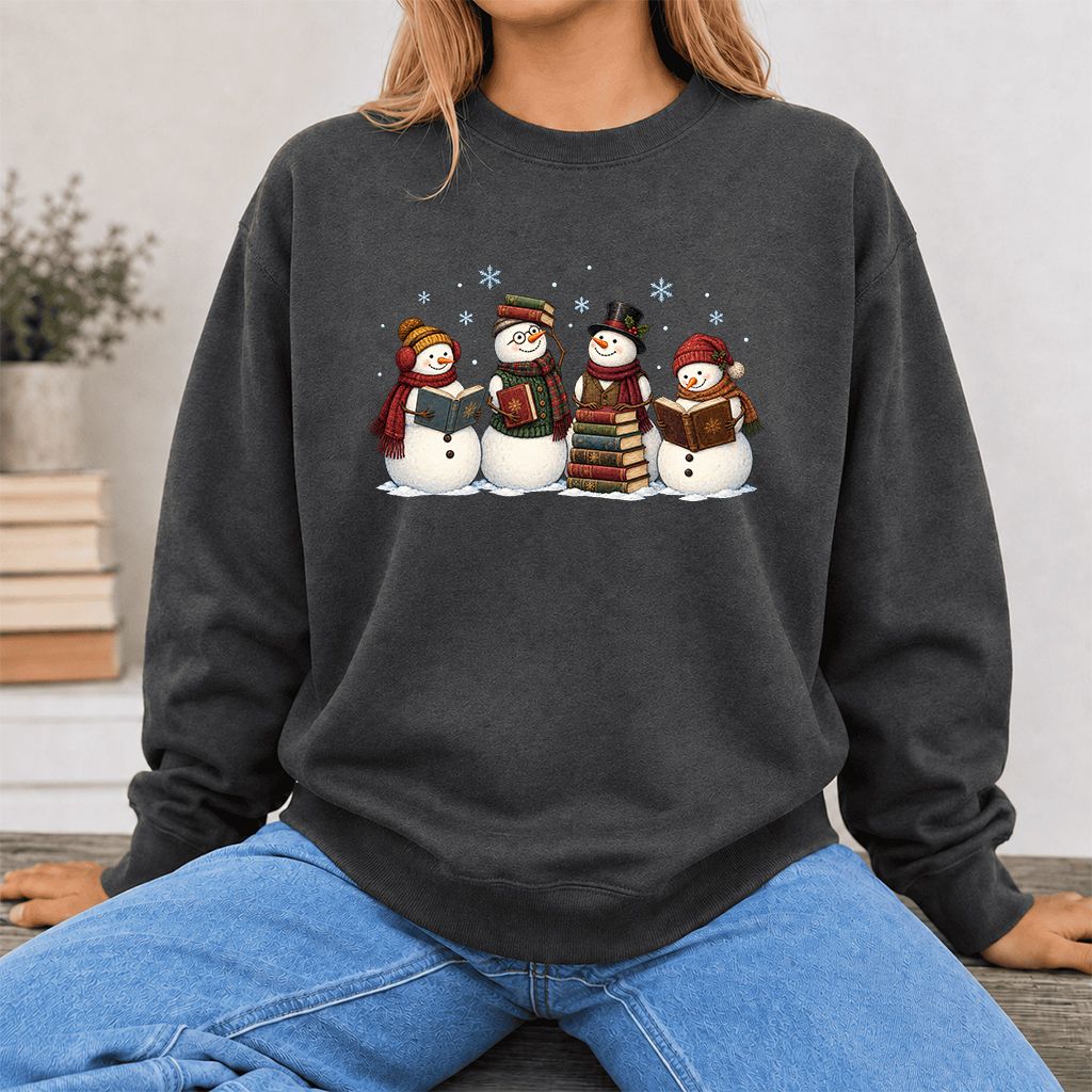 Four Snowmen Reading Printed Sweatshirt | Christmas Book Lover Gift Dark Heather