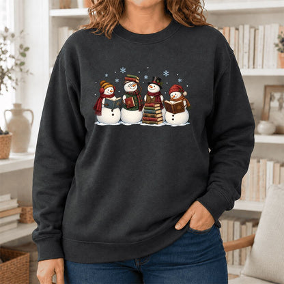 Four Snowmen Reading Printed Sweatshirt | Christmas Book Lover Gift Dark Heather