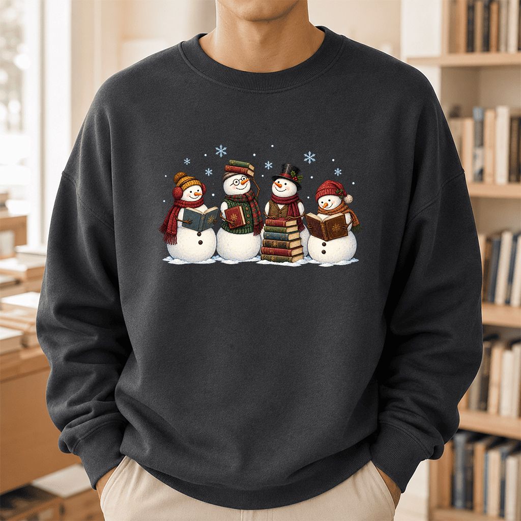 Four Snowmen Reading Printed Sweatshirt | Christmas Book Lover Gift Dark Heather