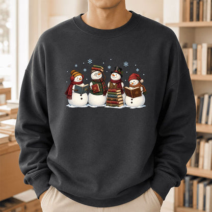 Four Snowmen Reading Printed Sweatshirt | Christmas Book Lover Gift Dark Heather