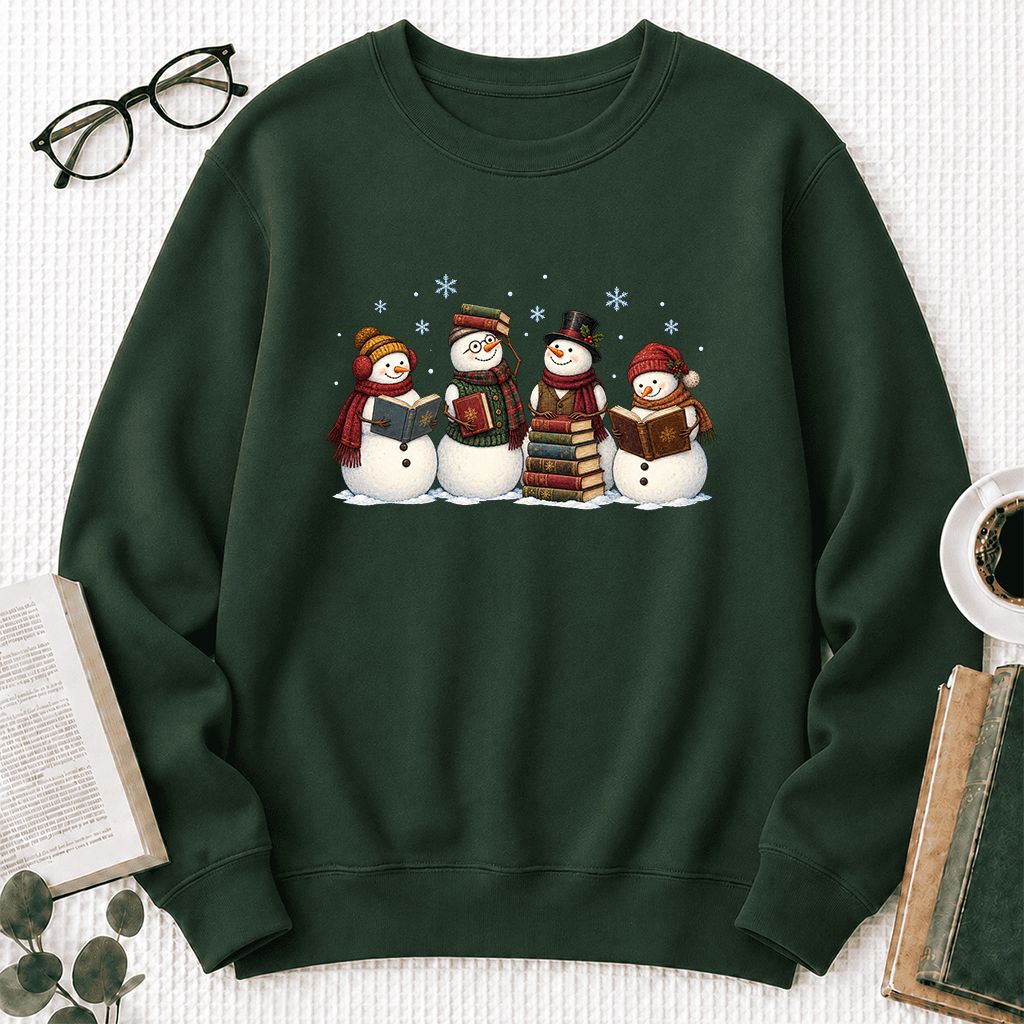 Four Snowmen Reading Printed Sweatshirt | Christmas Book Lover Gift Forest Green