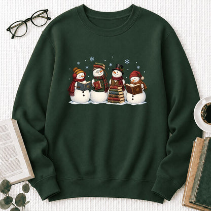 Four Snowmen Reading Printed Sweatshirt | Christmas Book Lover Gift Forest Green