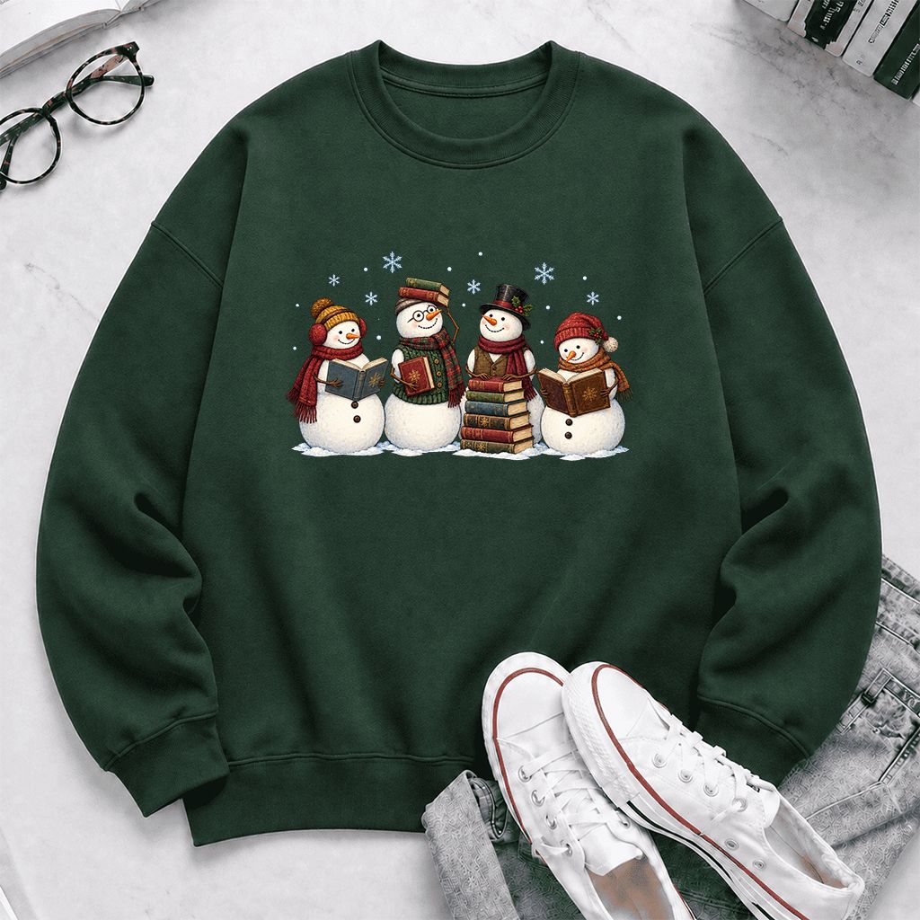 Four Snowmen Reading Printed Sweatshirt | Christmas Book Lover Gift Forest Green