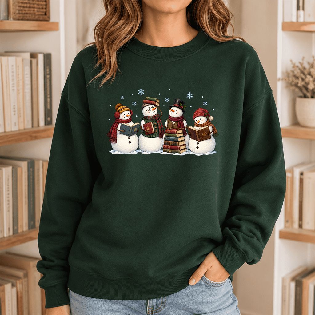Four Snowmen Reading Printed Sweatshirt | Christmas Book Lover Gift Forest Green