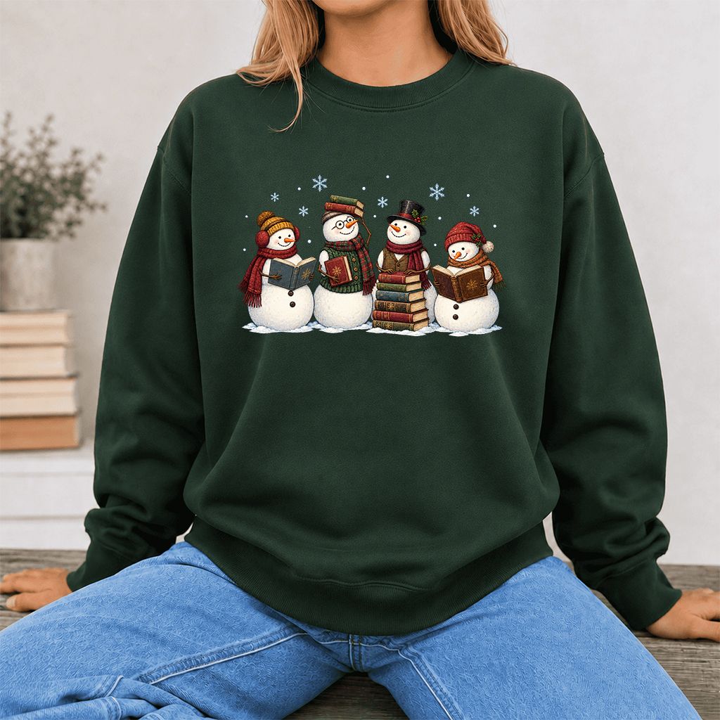 Four Snowmen Reading Printed Sweatshirt | Christmas Book Lover Gift Forest Green