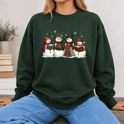 Four Snowmen Reading Printed Sweatshirt | Christmas Book Lover Gift Forest Green