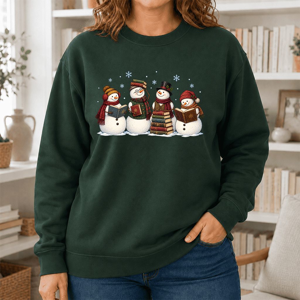 Four Snowmen Reading Printed Sweatshirt | Christmas Book Lover Gift Forest Green