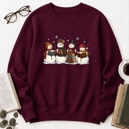 Four Snowmen Reading Printed Sweatshirt | Christmas Book Lover Gift Maroon