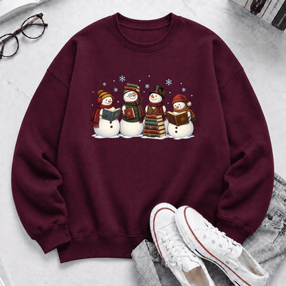 Four Snowmen Reading Printed Sweatshirt | Christmas Book Lover Gift Maroon
