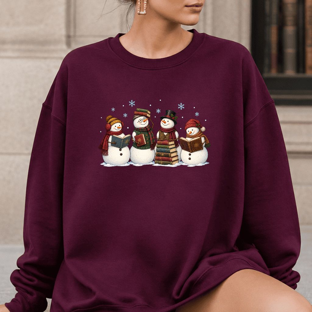 Four Snowmen Reading Printed Sweatshirt | Christmas Book Lover Gift Maroon