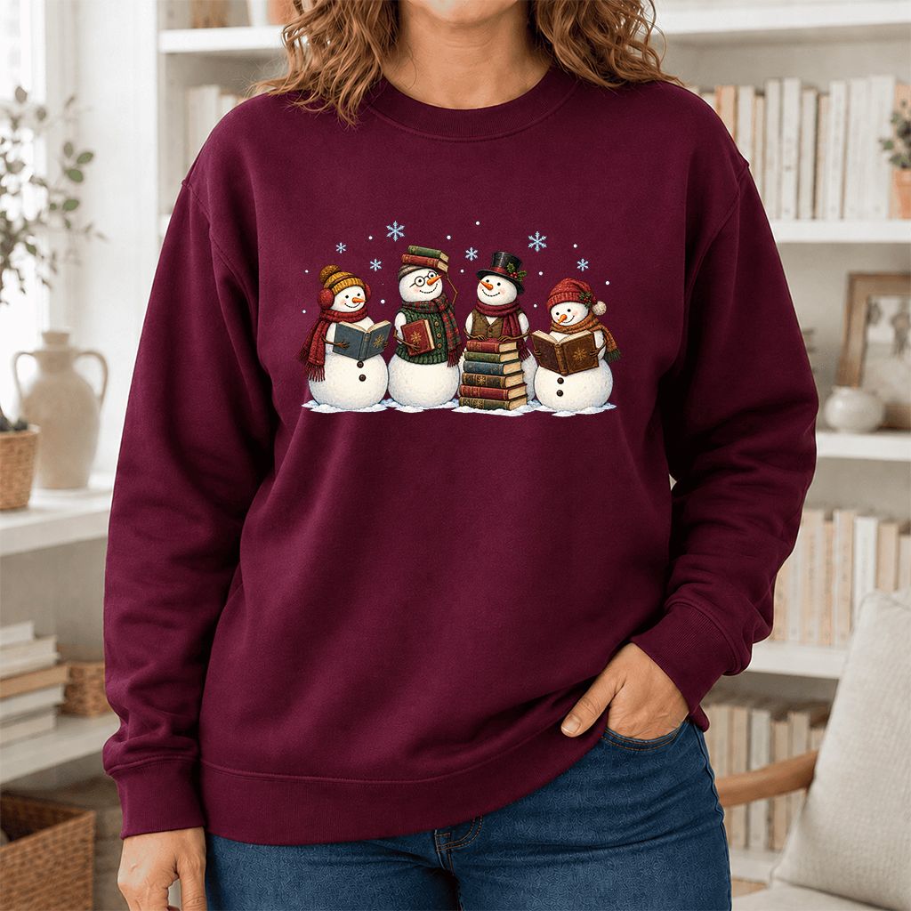 Four Snowmen Reading Printed Sweatshirt | Christmas Book Lover Gift Maroon