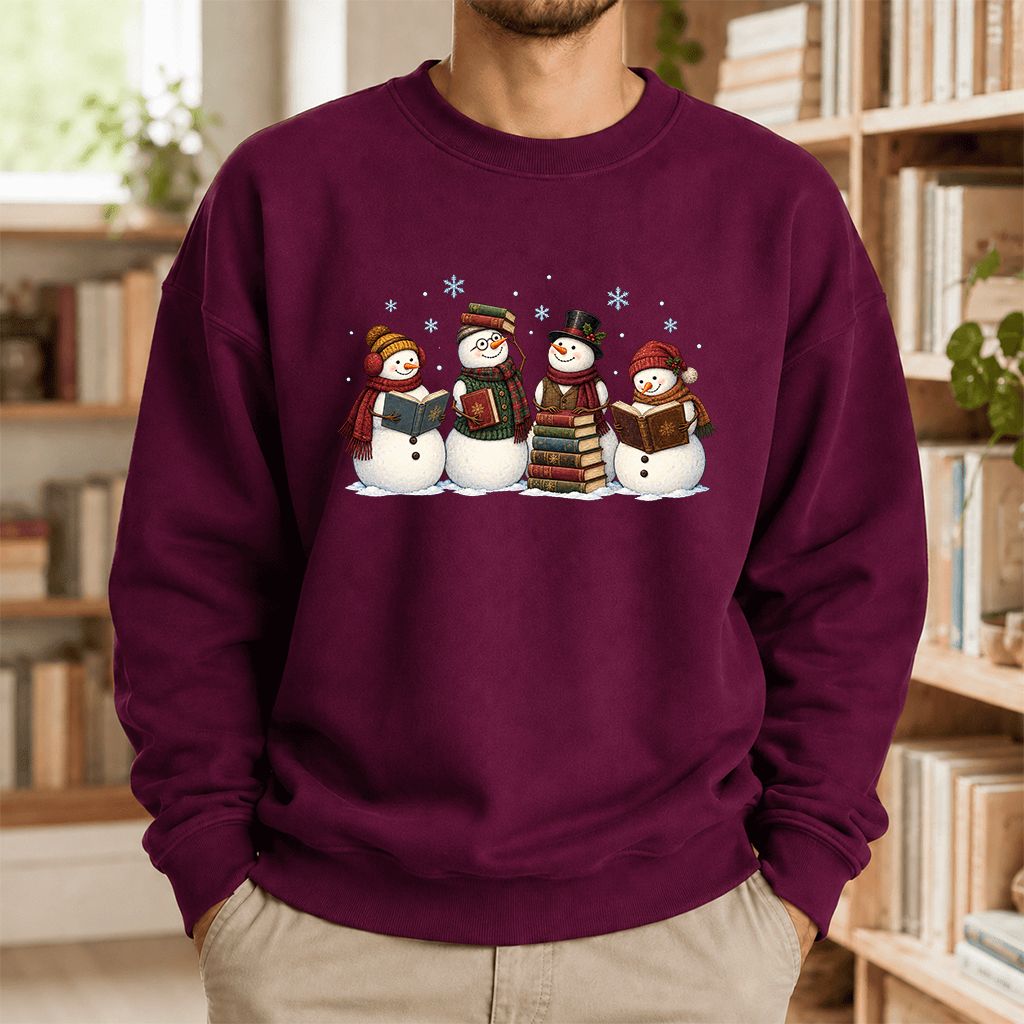 Four Snowmen Reading Printed Sweatshirt | Christmas Book Lover Gift Maroon