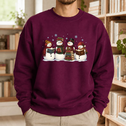Four Snowmen Reading Printed Sweatshirt | Christmas Book Lover Gift Maroon