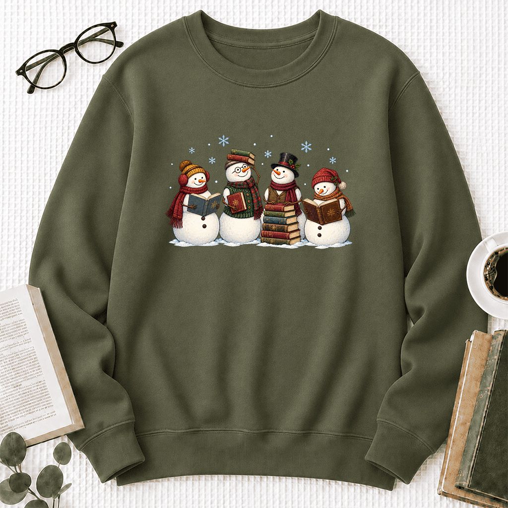 Four Snowmen Reading Printed Sweatshirt | Christmas Book Lover Gift Military Green