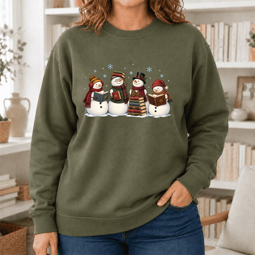 Four Snowmen Reading Printed Sweatshirt | Christmas Book Lover Gift Military Green