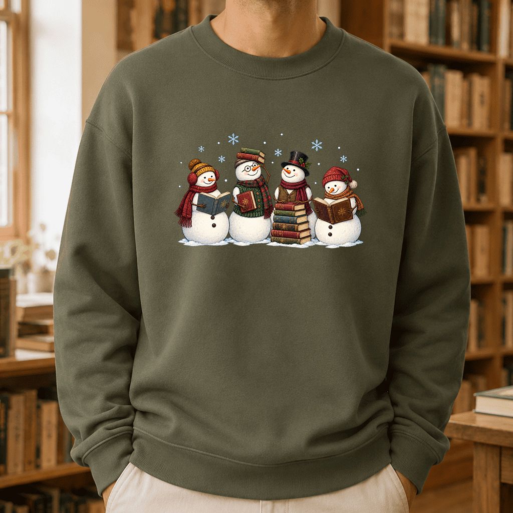 Four Snowmen Reading Printed Sweatshirt | Christmas Book Lover Gift Military Green