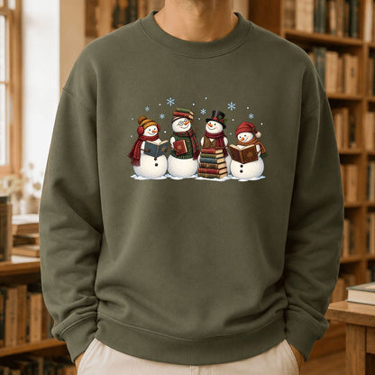 Four Snowmen Reading Printed Sweatshirt | Christmas Book Lover Gift Military Green