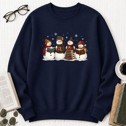 Four Snowmen Reading Printed Sweatshirt | Christmas Book Lover Gift Navy