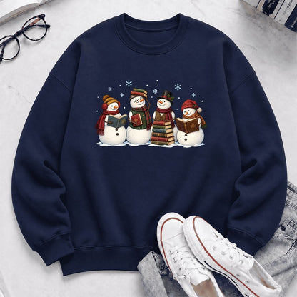 Four Snowmen Reading Printed Sweatshirt | Christmas Book Lover Gift Navy